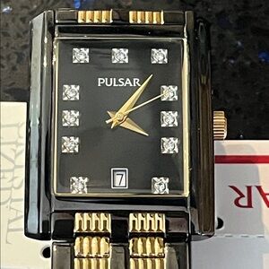 Pulsar Black and Gold Rectangular Watch